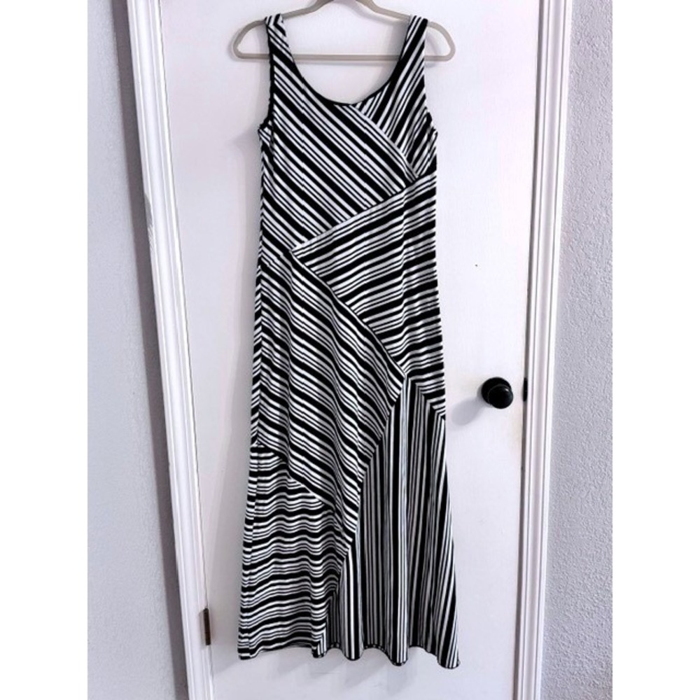 AB Studio Womens Black White Striped Geometric Maxi Dress Sleeveless Medium